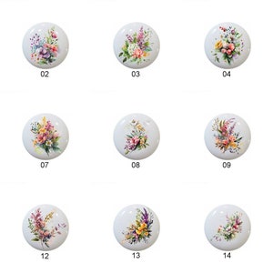 May include: Set of 14 ceramic knobs with floral designs. Each knob features a different arrangement of colorful flowers, including pink, purple, yellow, and white blooms. The knobs are perfect for adding a touch of elegance to any room.