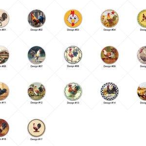 May include: A set of 17 round ceramic knobs featuring various designs of roosters, chickens, and other farm animals. The knobs are perfect for adding a touch of country charm to cabinets, drawers, and furniture.