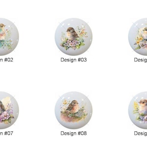May include: A collection of ten ceramic cabinet knobs, each featuring a different design of a small bird surrounded by flowers. The knobs are white with a glossy finish, and each is labeled with a design number from #01 to #10.