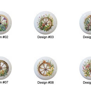 May include: A collection of ten white ceramic cabinet knobs, each featuring a watercolor design of a wooden wagon wheel surrounded by colorful flowers. Each knob is labeled with a design number from #01 to #10.