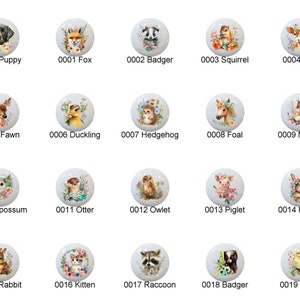 May include: Twenty ceramic knobs with various animal illustrations, including a puppy, fox, badger, squirrel, calf, fawn, duckling, hedgehog, foal, mouse, opossum, otter, owlet, piglet, rabbit, kitten, raccoon, and chick. Each knob is white with a floral border.