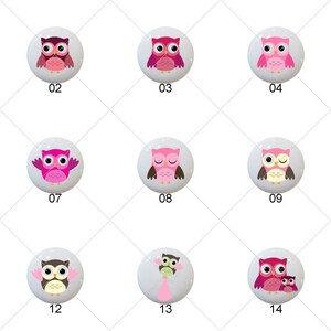 May include: Fifteen round ceramic knobs with different owl designs. The owls are pink, brown, green, and yellow with white backgrounds. The knobs are numbered 1 through 15.