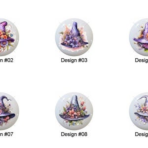 May include: A collection of ten white cabinet knobs, each featuring a watercolor design of a purple witch hat adorned with flowers. The designs are numbered from #01 to #10.