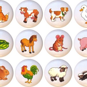 May include: Twelve ceramic knobs with different animal illustrations. The animals include a cat, cow, dog, duck, frog, horse, mouse, pig, rabbit, rooster, sheep, and skunk.