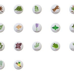 May include: A set of 16 round, white ceramic knobs with illustrations of various herbs and spices, including anise, arugula, bay leaf, cinnamon, cloves, dill, ginger, lavender, mint, oregano, parsley, red basil, rosemary, sage, tarragon, thyme, and vanilla.