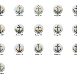 May include: Sixteen different designs of ceramic knobs featuring anchors with gold and blue accents. The anchors are surrounded by a white background.