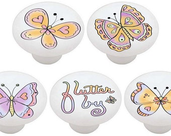 Butterfly Ceramic Drawer Pulls: Pastel Dresser Knobs - Set of 5