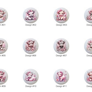 May include: A collection of twelve round decorative knobs, each featuring a watercolor illustration of a Highland cow with floral accents. The designs include various poses and floral arrangements, with text labels.