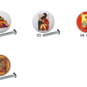 May include: Seven ceramic cabinet knobs with Thanksgiving themes. The knobs feature images of cornucopias, turkeys, and other fall harvest imagery. The knobs are white with colorful designs.