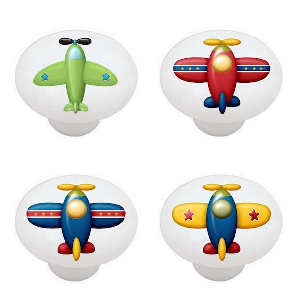 Set of 4 - Airplanes Planes Kids Room Decor Aviation Yellow Blue Green Red Decorative Ceramic Dresser Drawer Pulls Cabinet Cupboard Knobs