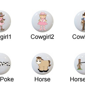 May include: Set of 10 ceramic knobs featuring a western theme. The knobs feature images of cowboys, cowgirls, horses, and other western imagery. The knobs are white with colorful designs.