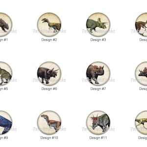May include: A collection of twelve circular designs featuring various dinosaurs. Each design is set against a vintage-style background and labeled with a design number. The dinosaurs include Triceratops, T-Rex, and others.