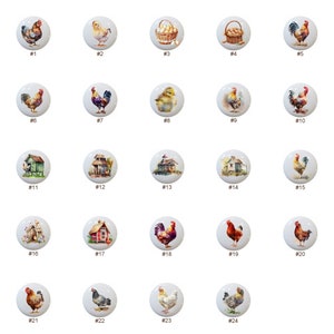 May include: Set of 24 ceramic tile coasters featuring watercolor illustrations of chickens, chicks, eggs, and farmhouses. The coasters are white with a glossy finish.