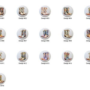 May include: A set of 16 colorful cowboy boot designs. Each design features a different pattern and color scheme. The boots are all in a circular shape, with a white background.