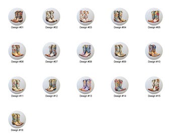 Folk Art Cowboy Boots Flowers by JollyClipArt Images on 1.5" White Decorative Glossy CERAMIC Cabinet PULLS Dresser Drawer KNOBS