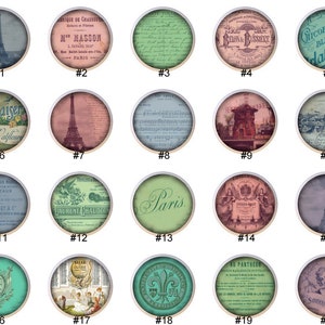 May include: Twenty vintage-style round labels with various designs featuring Parisian themes, including the Eiffel Tower, text, and illustrations. The labels are numbered 1 through 20.