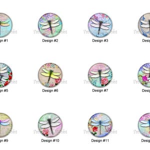 May include: A collection of twelve round designs featuring dragonfly illustrations. Each design has a different color scheme, with dragonflies in various colors, surrounded by floral and vintage-style backgrounds. The designs are labeled with numbers.