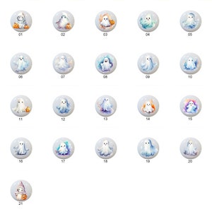 May include: Twenty-one round, white, ceramic ornaments with a watercolor design of a ghost holding a pumpkin. The ornaments are numbered 1 through 21.