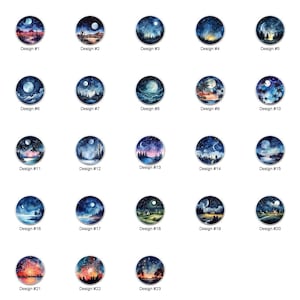 May include: A collection of 23 round designs, each featuring a unique watercolor landscape scene with a moon or stars. Designs include desert, forest, and coastal themes, each labeled with a "Design #" number.