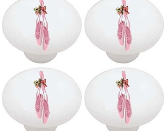 Set of 4 - Pretty Pink BALLET SLIPPERS Decorative Glossy Ceramic Drawer Pulls Dresser Knobs