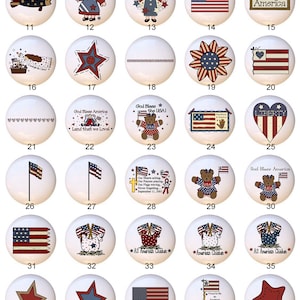 May include: A set of 48 ceramic tiles featuring various patriotic designs, including stars, flags, and other Americana imagery. The tiles are white with red, white, and blue accents.