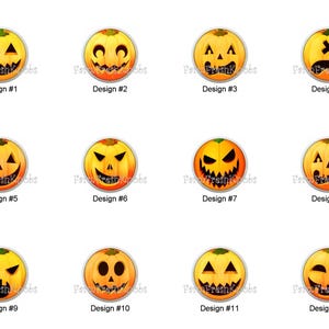 May include: A collection of twelve round, orange pumpkin-themed designs. Each design features a different carved jack-o'-lantern face. The designs are numbered and include text that reads "Fresh Knobs".