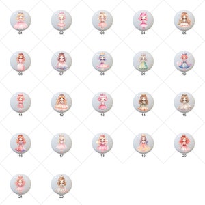 May include: Twenty-two round, white, decorative buttons with a watercolor design of a princess in a pink dress and a crown. Each button has a number from 1 to 22.