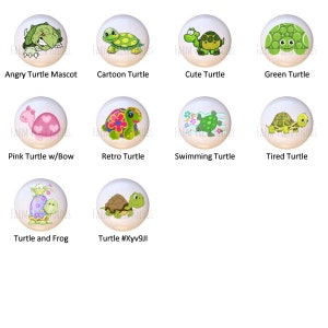 May include: Set of 10 ceramic round tiles featuring different turtle designs. The tiles feature cartoon turtles with various expressions and accessories, including a bow, flowers, and a frog.