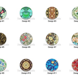 May include: A collection of twelve round decorative knobs with various floral and abstract designs. Each knob features a unique pattern in colors like green, blue, red, and gold. The designs are labeled with numbers.