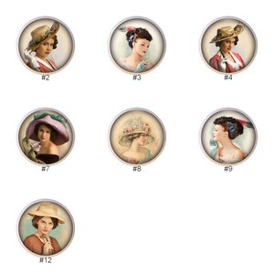 May include: Twelve vintage-style illustrations of women wearing hats and dresses. Each illustration is framed in a circular border.