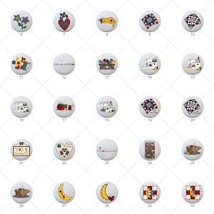 May include: Thirty-five different ceramic knobs with various designs, including a red, white, and blue American flag, a birdhouse, a sewing machine, a heart, a moon, and a spool of thread.