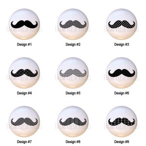 May include: Nine different designs of ceramic drawer knobs featuring black and white mustache designs with various patterns, including stripes, stars, and chevron.