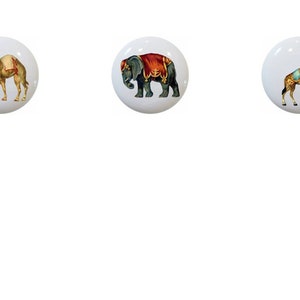 May include: Set of six ceramic knobs featuring various circus animals. The knobs are white with a glossy finish. The animals include a bear, camel, elephant, giraffe, zebra, and a giraffe juggling balls.