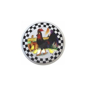 May include: A white ceramic knob with a black and white checkered border. The center of the knob features a colorful illustration of a rooster with chicks.