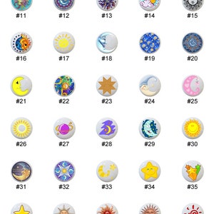 May include: Set of 48 ceramic knobs with various sun, moon, and star designs. The knobs are white with colorful designs.