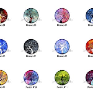 May include: A collection of twelve round designs featuring stylized tree illustrations. Each design has a unique color scheme, including red, blue, purple, and green, with the text "Design #" and a number below each image.