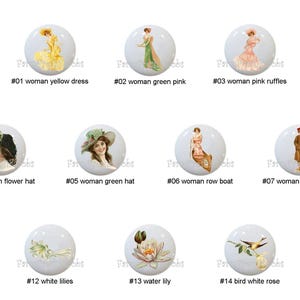 1907 Beauties by The Graphics Fairy Women Ladies Images on 1.5" White Decorative Glossy CERAMIC Cabinet PULLS Dresser Drawer KNOBS