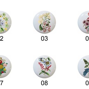 May include: Ten different floral designs on round ceramic knobs. Each knob features a different arrangement of flowers and greenery in shades of pink, red, yellow, blue, and green.