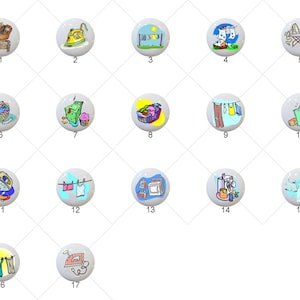 May include: A set of 17 ceramic knobs featuring various laundry-themed illustrations. The knobs are white with colorful cartoon images of laundry baskets, washing machines, irons, and clotheslines.