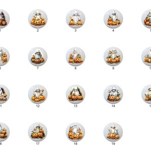 May include: A collection of nineteen round cabinet knobs, each featuring a unique Halloween-themed design. The knobs showcase ghosts and pumpkins in various arrangements, with a white background.