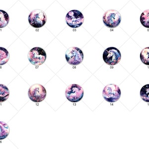 May include: A set of 16 round, colorful, iridescent stickers featuring a unicorn with a pink mane and tail. Each sticker has a different background color and design.