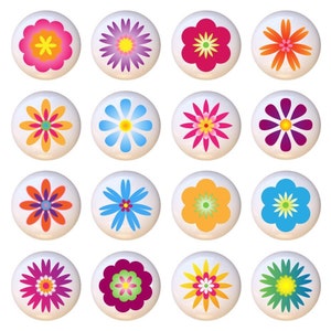 May include: Twelve round white ceramic tiles with colorful flower designs. Each tile features a different flower design with various colors, including pink, purple, blue, orange, yellow, and green.