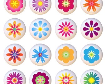 Set of 16 - Mod Flowers Retro Flower Ceramic Drawer Pull Cabinet Knobs