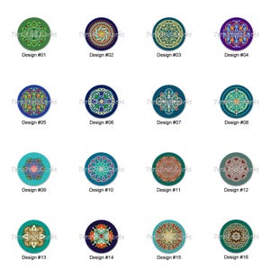 May include: Sixteen circular decorative designs with intricate patterns in various colors, including green, blue, red, and gold. Each design is labeled with "Design #" followed by a number from 01 to 16. The designs are on a white background.