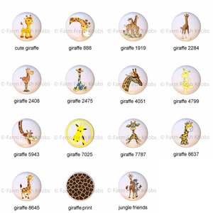 May include: A set of 12 ceramic knobs featuring various giraffe designs, including a cute giraffe, a giraffe with a yellow circle around it, a giraffe with a zebra, and a giraffe print. The knobs are white with a glossy finish.