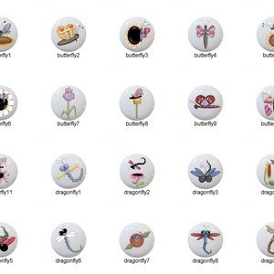 May include: A set of 19 ceramic knobs featuring colorful butterflies and dragonflies. The knobs are white with a glossy finish and are perfect for adding a touch of whimsy to any room.