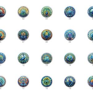 May include: Twenty round, colorful, decorative tiles featuring a peacock design. Each tile has a different color scheme and pattern.