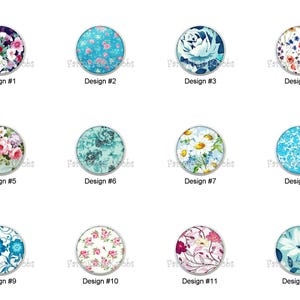 May include: A collection of twelve round floral designs, each with a different pattern and color scheme. Designs include various flowers like roses, daisies, and abstract floral arrangements. Each design is labeled with a number.