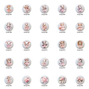May include: Twenty-five different designs of round, pink and white ceramic knobs with a ballerina animal illustration. Each knob has a number from 1 to 25.
