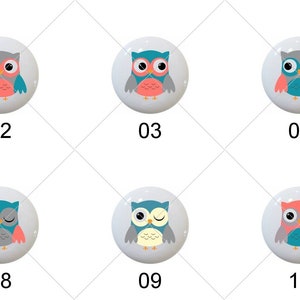 May include: A collection of eleven white cabinet knobs, each featuring a colorful owl design. The owls have various expressions and color schemes, including orange, teal, and gray. Each knob is numbered from 01 to 11.